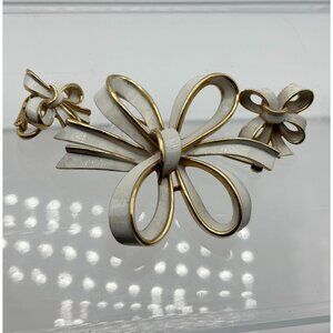 1960s Crown Trifari White Enamel-Gold Tone Bow Signed Brooch & Earrings Vintage